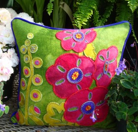 Hurray for Hollyhocks Wool Applique Throw Pillow
