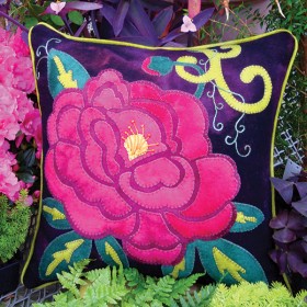 Passionate Peony Wool Applique Throw Pillow